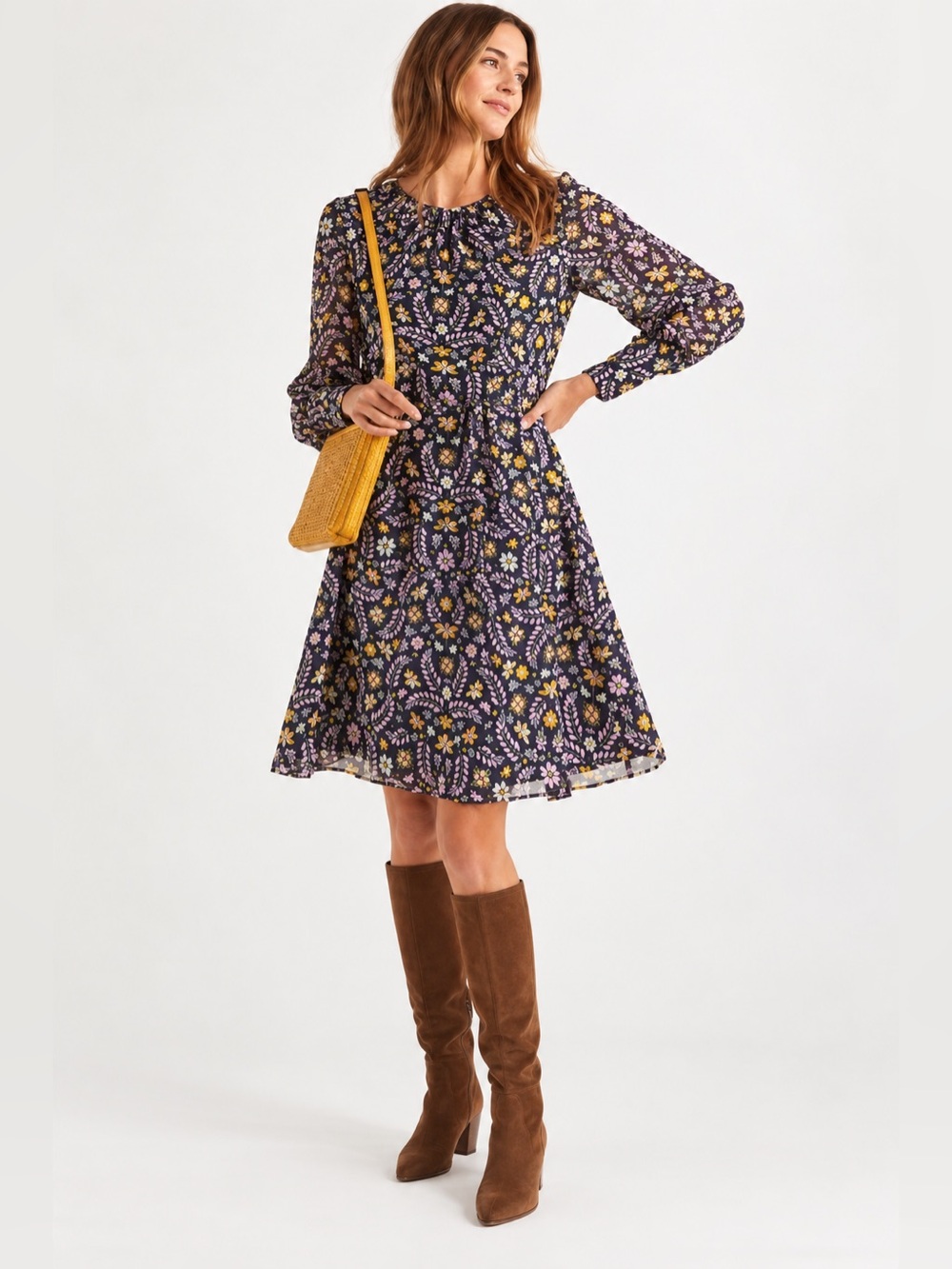 Boden Floral Chiffon Long Sleeve Dress Size 6 Long Navy Purple